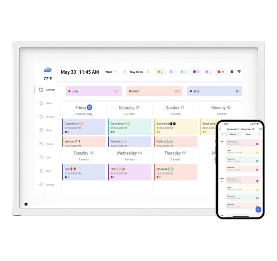 MELLS digitale kalender van 10,1 inch in het wit met een weekagenda en een telefoon met dezelfde agenda