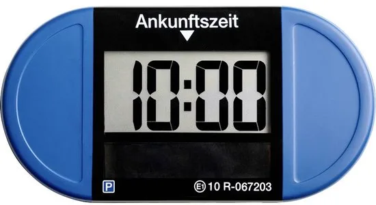 Blauwe elektronische parkeerschijf met display dat de aankomsttijd 10:00 toont