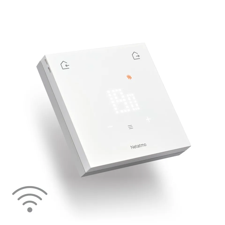 Netatmo Slimme Draadloze Thermostaat ORIGINAL in wit, met temperatuurweergave en de bediening aan de voorzijde.