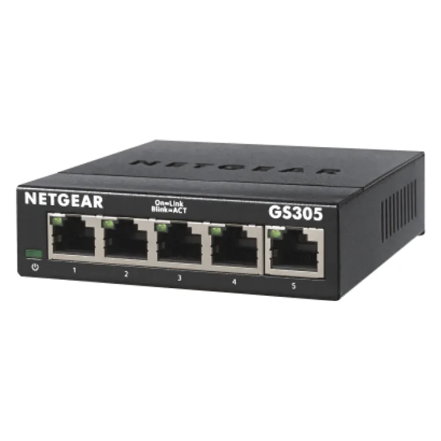 Zwarte NETGEAR GS305 netwerkswitch met vijf netwerkpoorten aan de voorkant
