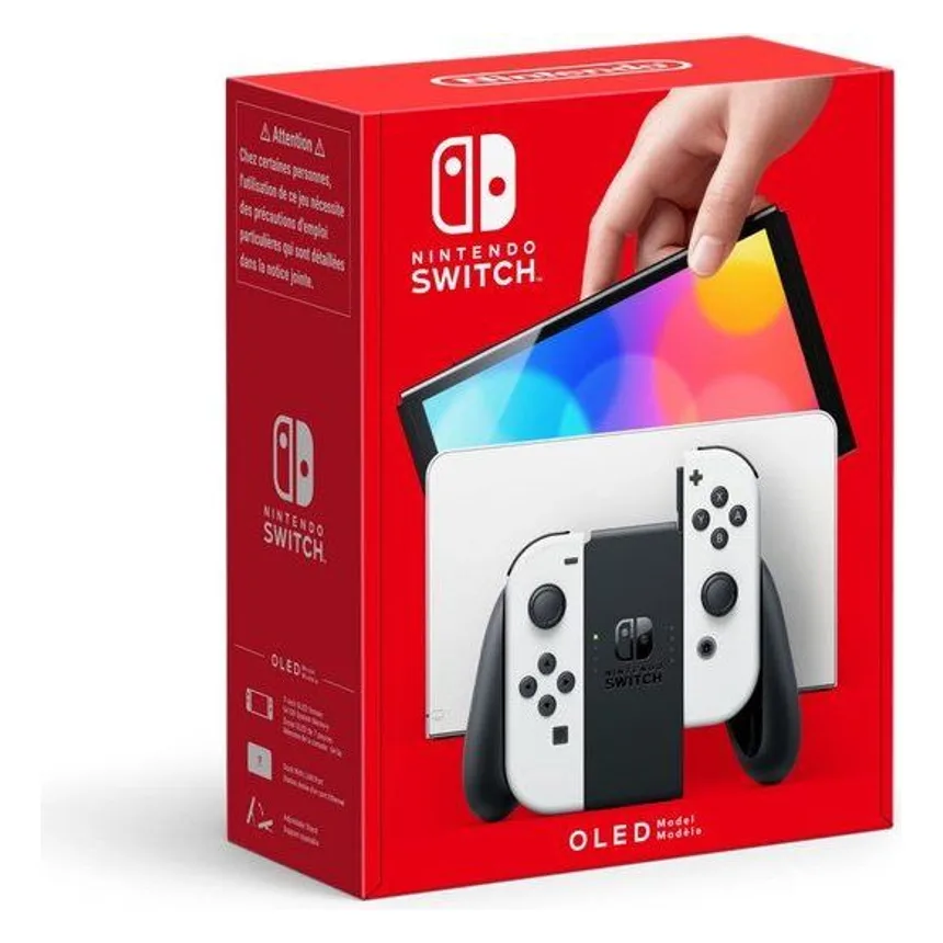 Nintendo Switch OLED-model wit, verpakking met console, dock en witte Joy-Con