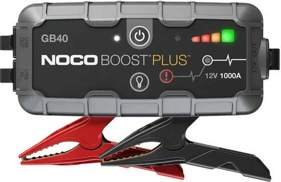 NOCO Boost Plus GB40 jumpstarter met rode en zwarte accuklemmen