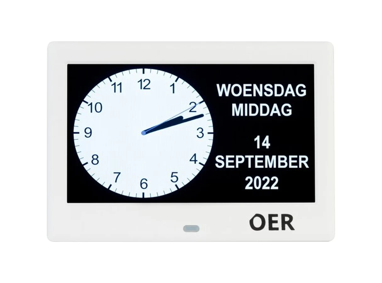 OER Dementieklok 7 inch in het wit met analoge klok, dag, datum en dagdeel