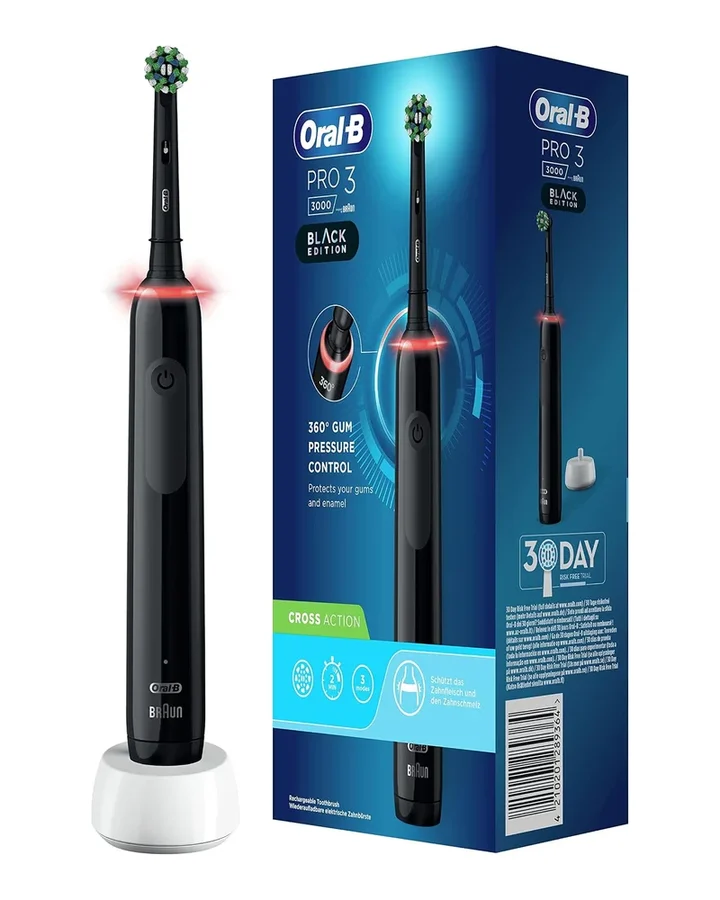 Oral-B Pro 3 3000 zwarte elektrische tandenborstel met verpakking en laadstation