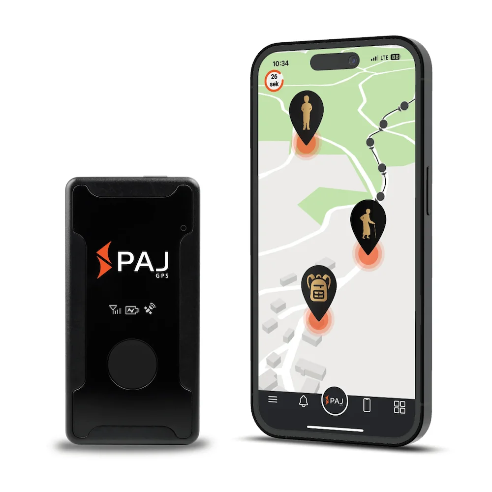 PAJ GPS EASY Finder 4G met ronde SOS-knop naast een telefoon met kaart