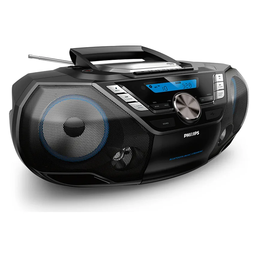 Philips AZB798T zwarte soundmachine met handvat, twee luidsprekers met blauwe verlichting, scherm en volumeknop
