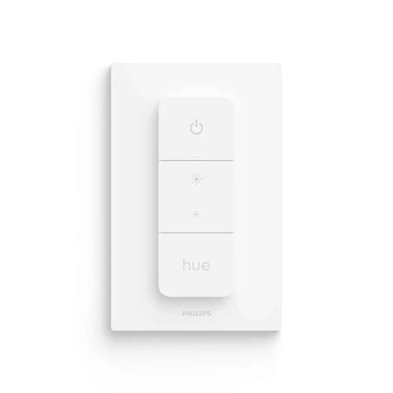 Philips Hue Dimmer Switch v2 in een witte wandhouder met vier knoppen