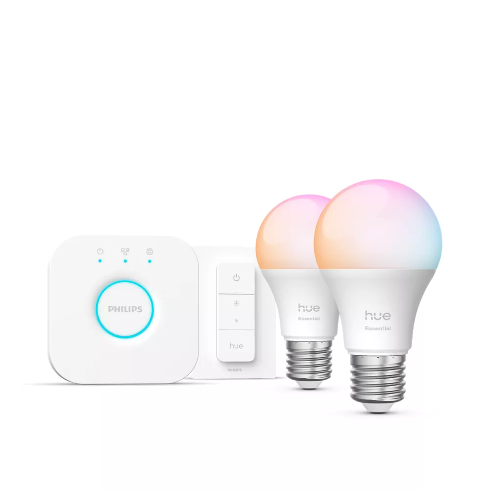 Philips Hue Essential starterkit met twee E27-lampen, Hue Bridge en dimmer switch