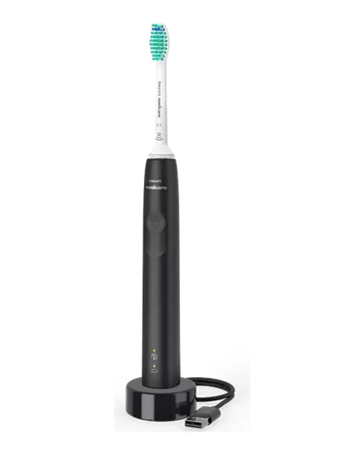 Philips Sonicare 3100 zwarte tandenborstel op de laadvoet met USB-kabel