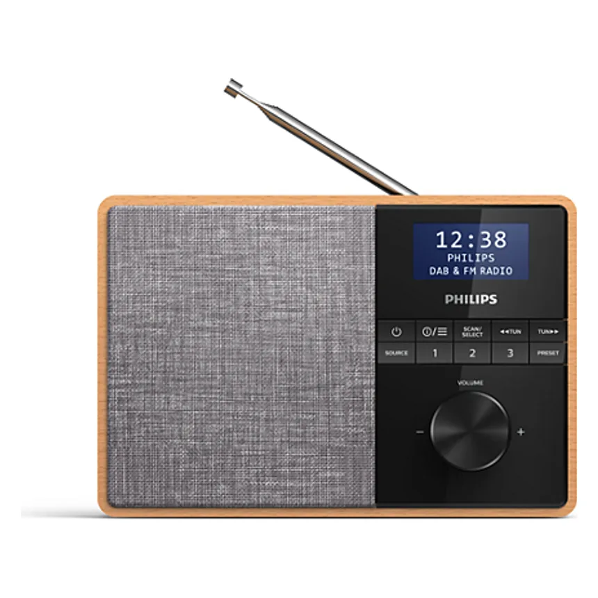 Philips TAR5505 tafelradio met lichte houten behuizing, grijze luidsprekerstof, klein scherm, toetsen en volumeknop
