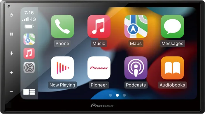 Pioneer SPH-DA360DAB autoradio met een aanraakscherm dat de CarPlay-apps Telefoon, Muziek, Kaarten en Berichten toont