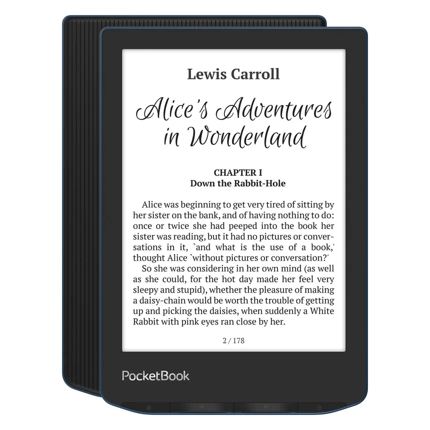 PocketBook Verse Pro e-reader in blauw met tekstpagina op het scherm, voorkant en achterkant