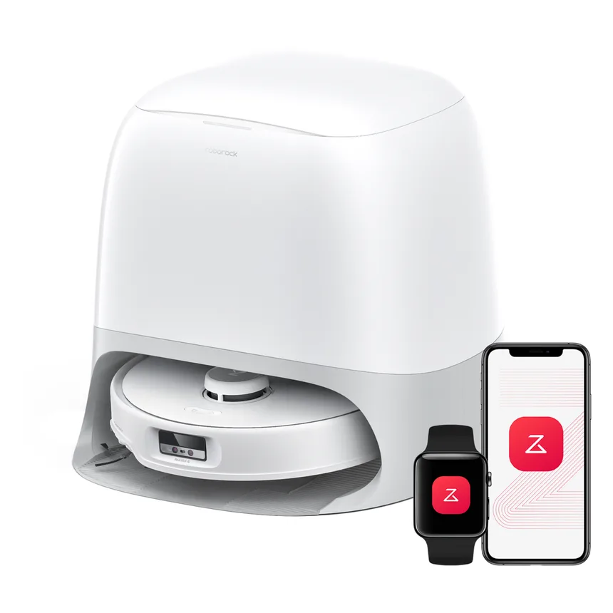 Roborock Qrevo Curv robotstofzuiger in het witte multifunctionele dock met telefoon en smartwatch
