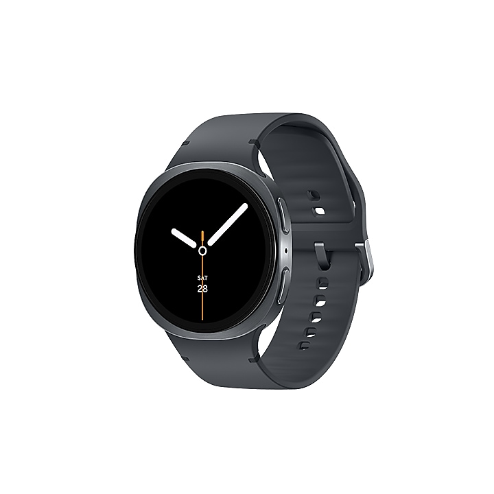 Samsung Galaxy Watch8 in Graphite, schuin van voren met zwarte wijzerplaat en donkergrijs bandje