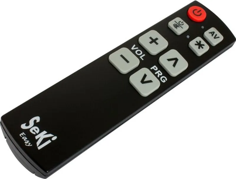 SeKi Easy afstandsbediening in zwart met een rode aan/uit-toets en grijze toetsen