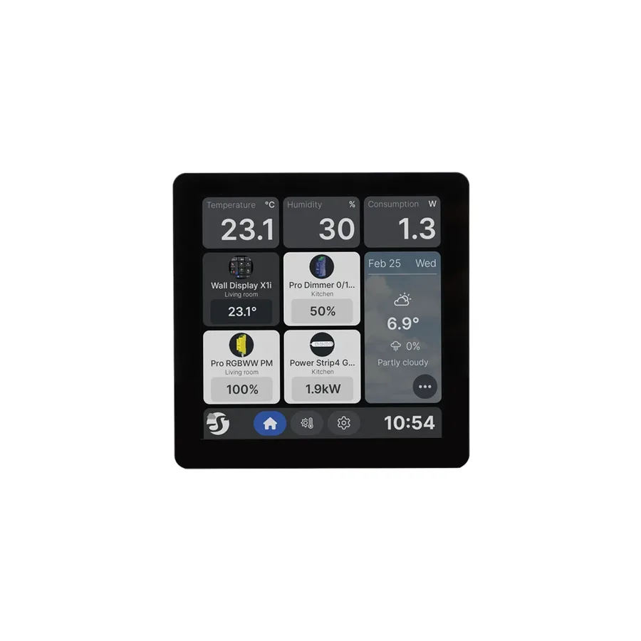 Shelly Wall Display X1i in het zwart met een startscherm met temperatuur, luchtvochtigheid, verbruik, apparaten en weer