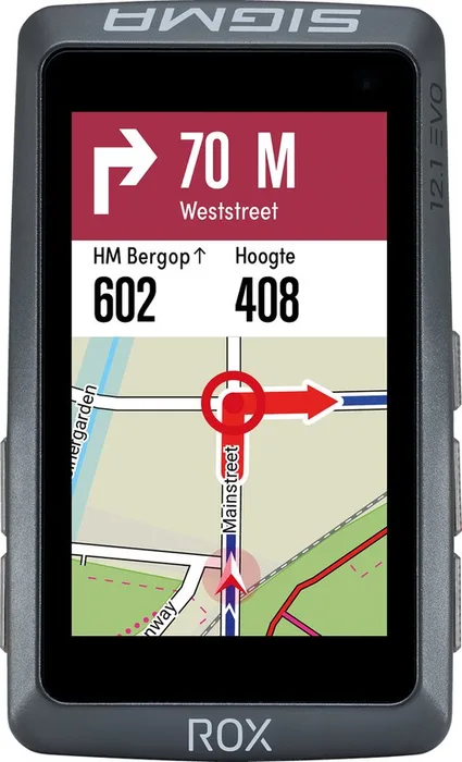 SIGMA ROX 12.1 EVO fietscomputer met een navigatiescherm en afslagaanwijzing
