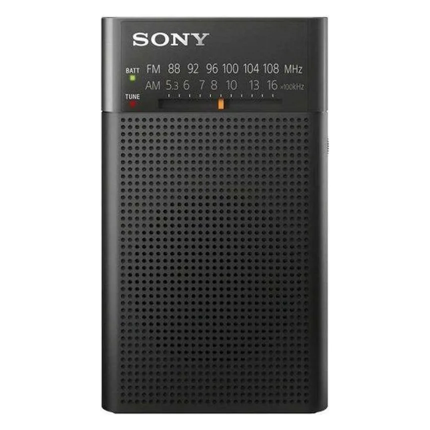Sony ICF-P27 zwarte draagbare radio, voorkant met frequentieschaal en luidsprekerrooster