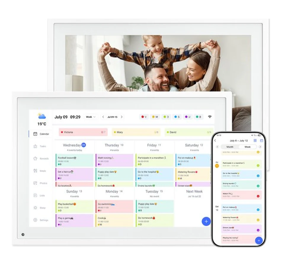 TABWEE P10 digitale kalender in het wit met een weekagenda en een telefoon met dezelfde agenda