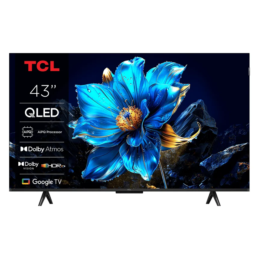 TCL 43 inch P7K televisie, voorkant met twee poten
