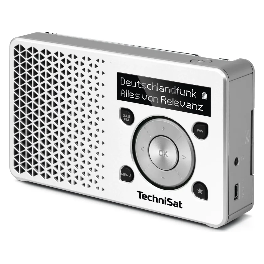 TechniSat DIGITRADIO 1 wit en zilver, schuin vooraanzicht met luidsprekerrooster, OLED-scherm en bedieningstoetsen