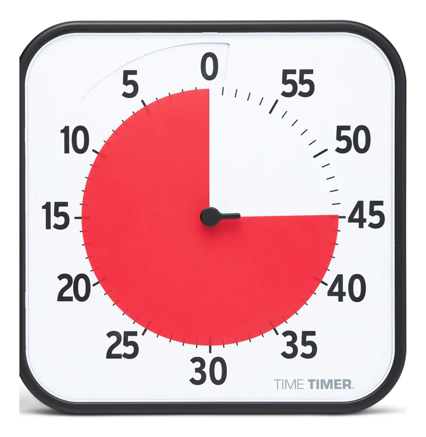 Time Timer Original van 30 cm met zwarte rand en een rode schijf die de resterende tijd toont
