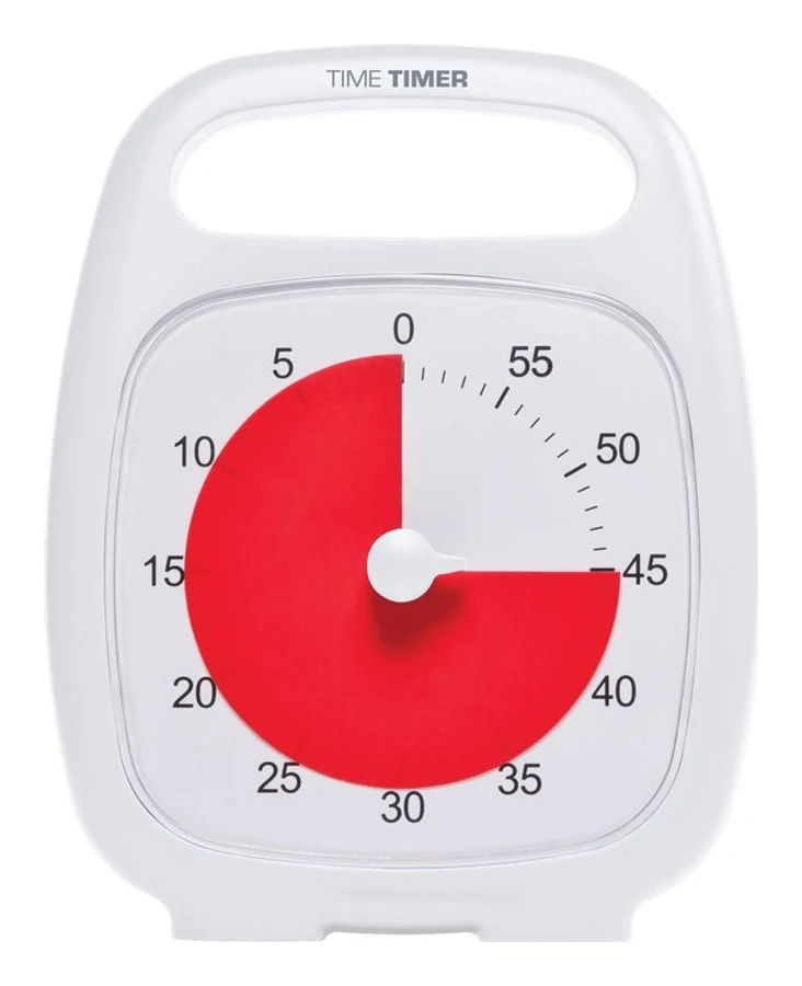 Time Timer PLUS in het wit met een rode schijf die de resterende tijd toont