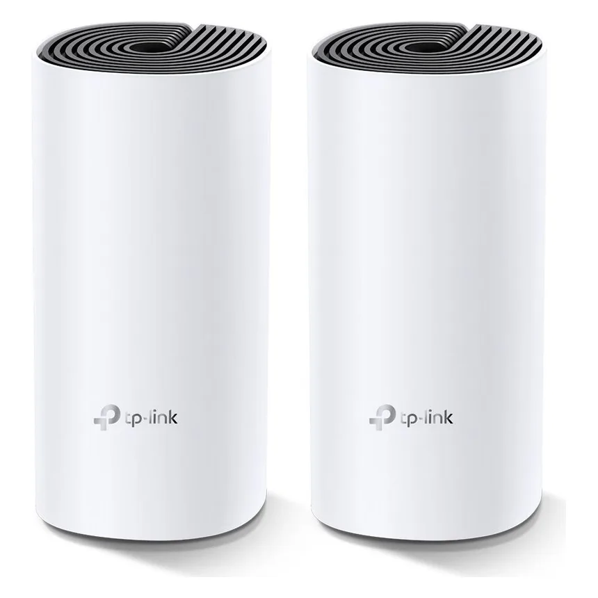 Twee witte, ronde TP-Link Deco M4-stations met zwarte bovenkant naast elkaar