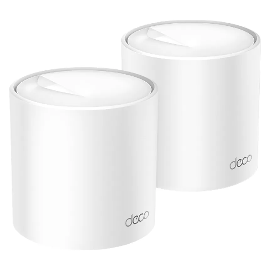 Twee witte, ronde TP-Link Deco X50-stations naast elkaar