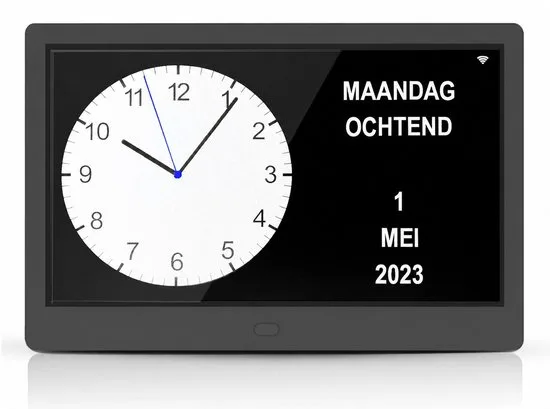 TTD dementieklok XXL van 10 inch met een analoge klok en maandag, ochtend en de datum in witte letters op het scherm